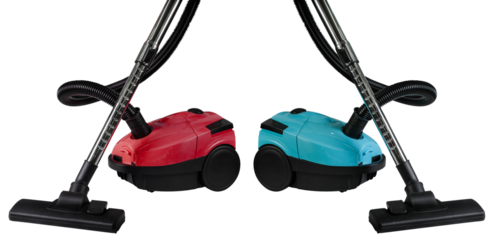 blue and red vacuum cleaner on a transparent  background close-up