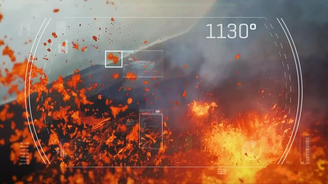 Volcano Climate Crisis Analysis, temperature details and a chart with global volcanic activity - 3D HUD