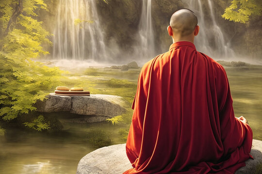 illustration of shaolin monk sitting in lotus position on a rock and meditating viewed from back with waterfall and river in back