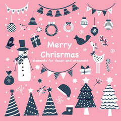 Christmas set of elements for design. Cute cozy flat style. New Year cards. Comfort, clothes, things, symbols, toys. flat style. clip art, advertising.