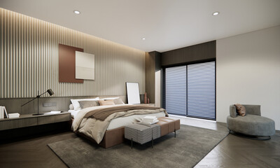 3d rendering mockup modern bedroom interior design and decoration with beige and grey color bedding fabric sofa grey carpet wooden blinds window and stripe wall.