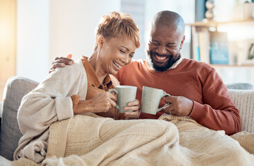 Mature couple, drinking coffee on couch and laughing funny joke in living room of love, care or...