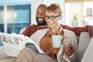 Coffee, sofa and senior couple with newspaper reading story or article while drinking espresso....