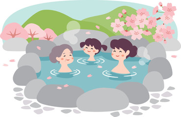 春の露天風呂に入る女性たち