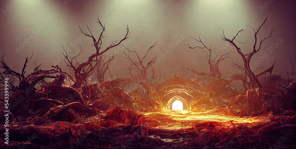 Sticker A fantastic magical gateway portal in the forest. Colorful picturesque bright forest. The round portal teleports to other worlds. Fantastic landscape 3d illustration