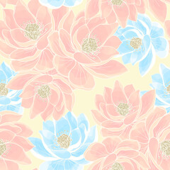 Tropical seamless pattern of pink and blue lotuses for fabric and wallpaper