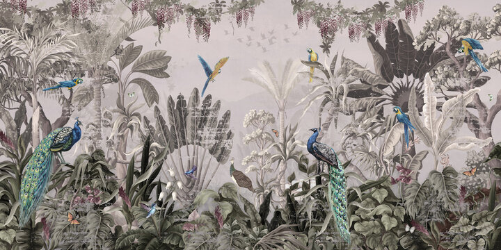 Wallpaper  tropical branches palm tree plants flower and parrot Birds and peacocks in leaves  Painting old with pink background