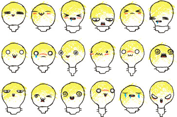 Set of Various Cartoon Bulbs with Emoticons. Doodle lightbulb, ideas, eyes and mouth. Caricature comic expressive emotions, smiling, crying and surprised character face expressions