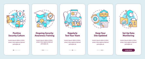Protect your business tips onboarding mobile app screen. Safety walkthrough 5 steps editable graphic instructions with linear concepts. UI, UX, GUI template. Myriad Pro-Bold, Regular fonts used