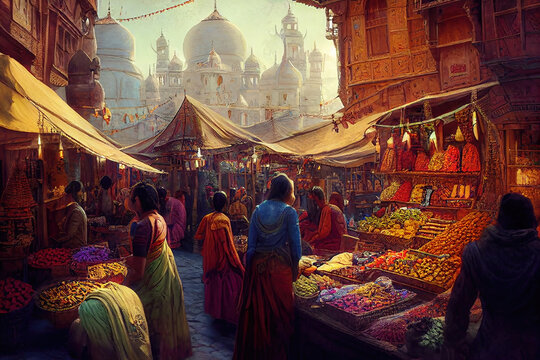 AI generated image of an ancient Indian market with many small shops and customers in attendance