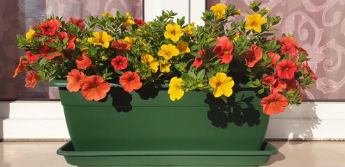 Panorama of yellow and orange petunia flowers grow in a green plastic pot on the windowsill on a sunny day.