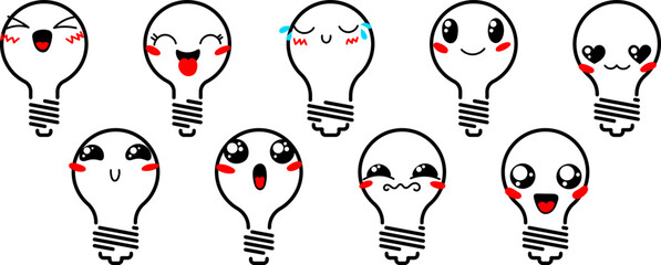 Set of Various Cartoon Bulbs with Emoticons. Doodle lightbulb, ideas, eyes and mouth. Caricature comic expressive emotions, smiling, crying and surprised character face expressions