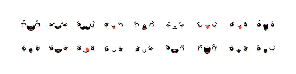 Fototapeta premium Various Cartoon Emoticons Set. Doodle faces, eyes and mouth. Caricature comic expressive emotions, smiling, crying and surprised character face expressions