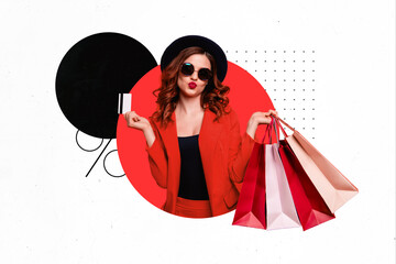 Collage photo of young funny shopaholic fashionista girl hold bank card want pay more money hold package look new brand isolated on white background