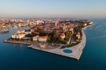 Fototapeta premium City of Zadar archipelago and historic peninsula aerial view in the sunset. Croatian architecture