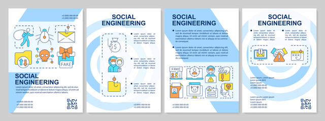 Social engineering attacks blue brochure template. Cybercrime. Leaflet design with linear icons. Editable 4 vector layouts for presentation, annual reports. Arial, Myriad Pro-Regular fonts used