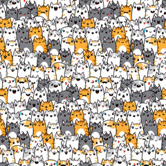 Kawaii cats, funny animal, crowd cartoon seamless pattern in flat illustration style. Cute kitten pet group, endless background, diverse domestic cats breed wallpaper