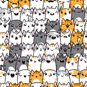 Kawaii cats, funny animal, crowd cartoon seamless pattern in flat illustration style. Cute kitten pet group, endless background, diverse domestic cats breed wallpaper