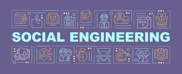 Social engineering word concepts violet banner. Hacking attacks. Infographics with editable icons on color background. Isolated typography. Vector illustration with text. Arial-Black font used