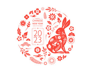 Chinese new year 2023 year of the rabbit - red traditional Chinese designs with rabbits, bunnies. Lunar new year concept, modern design. 