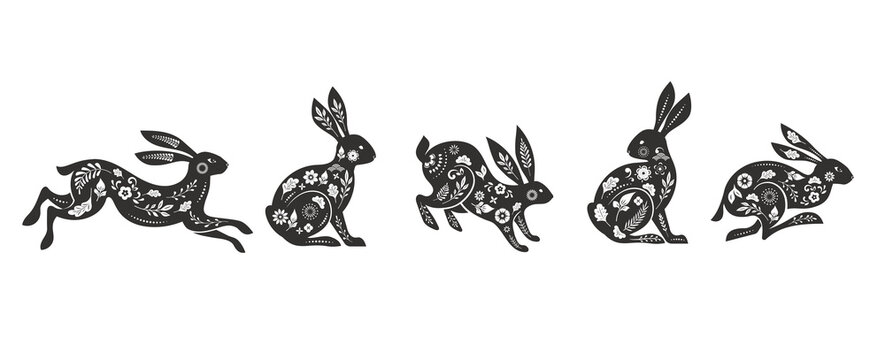 Collection of rabbits, bunnies illustrations. Chinese new year 2023 year of the rabbit - set of traditional Chinese zodiac symbol, illustrations, art elements. Lunar new year concept, modern design