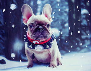 french bulldog puppy in the snowy woods in winter 