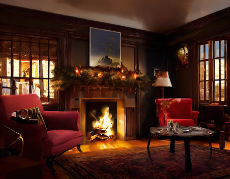 Country Cottage Lounge At Christmas. Roaring Fire.