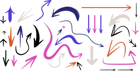 Mega set of different hand-drawn arrows, ink, paint, pencil brush styles, isolated