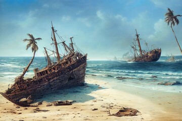 Old Shipwrecks stuck in sand after huge battle in the sea - obrazy, fototapety, plakaty