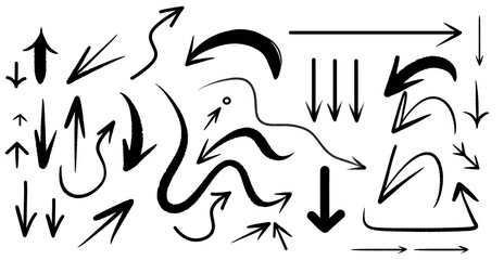 Mega set of different hand-drawn arrows, ink, brush style, on white