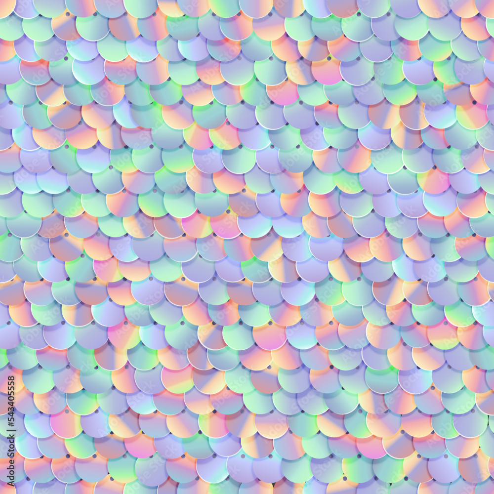 Wall mural sequined iridescent texture. fabric with palliettes. seamless vector realistic background of shiny m