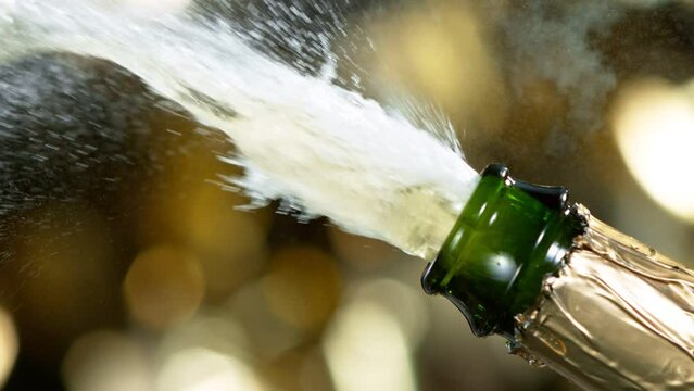 Super slow motion of Champagne explosion with flying cork closure, gold colors, opening champagne bottle closeup.