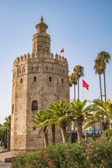 Fototapeta na wymiar Palm trees in front of the Torre del Oro fortress in hispanic muslim style that served as a lookout to the Guadalquivir river, Seville SPAIN