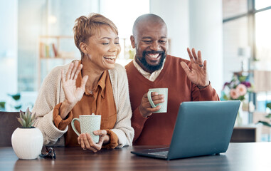 Black couple, video call and laptop to connect, have conversation and online chatting with coffee in living room. Digital device, senior man and mature woman happy for communication or wave at screen
