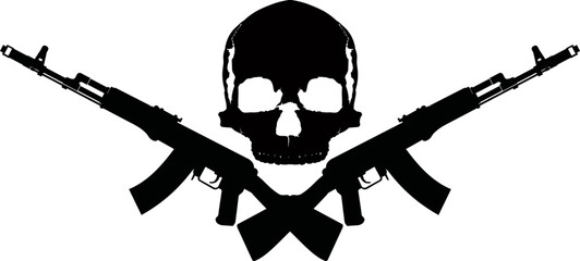 Emblem Two crossed AK 74 Kalashnikov assault rifles and a black skull on a white background