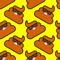 Cool shit pattern seamless. Poop in sunglasses background. Ornament of kids fabric