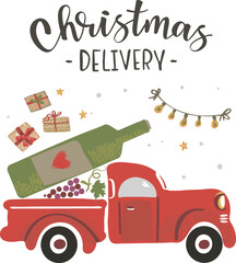 Cute vector illustration of a red truck for delivery. Can be used for cards, flyers, posters