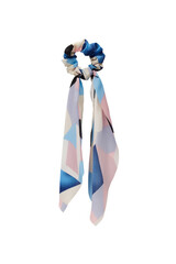 Close-up shot of a long pastel geometric pattern bow scrunchie. The hair printed bow scrunchie is...