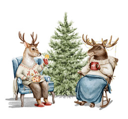 Watercolor Christmas vintage deer and moose in sweater clothes holding holiday hot drinks in armchair near the Christmas tree isolated on white background. Hand drawn illustration sketch
