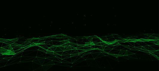 Abstract technology wave of particles. Big data visualization. Vector background with motion dots and lines. Artificial intelligence.