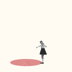 Contemporary art collage. Little retro girl jumping, playing, having fun on light background. Concept of children, sport, creativity, design, education, childhood. Copy space