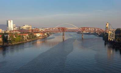The Broadway Bridge in Portland painted red