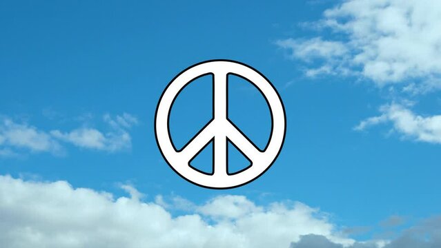 Peace Symbol, Peace Sign in Blue Sky with White Clouds. No War, Peace Concept.