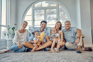 Family, love and generations together in family home, happy in portrait for quality time and...