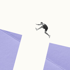 Creative artwork in retro style. Young sportive man, professional runner jumping over obstacles