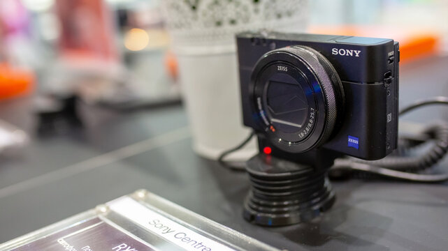 Sony RX100 series camera on display for sale in Sony Center. Minsk, Belarus, 2022
