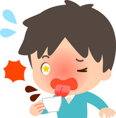 飲み物が熱くて驚く男性、猫舌