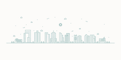 Cityscape. Modern flat line landscape vector. City landscape line art illustration with building, tower, skyscrapers. Vector illustration.