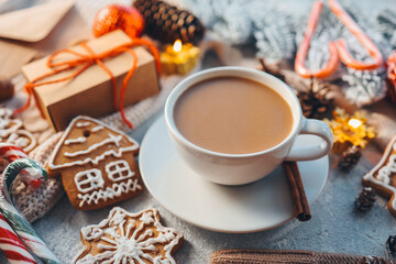 Obraz na płótnie Canvas A cup of coffee in a Christmas atmosphere