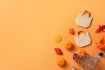 Autumn shopping design concept background with shopping cart, maple leaves and pumpkin.